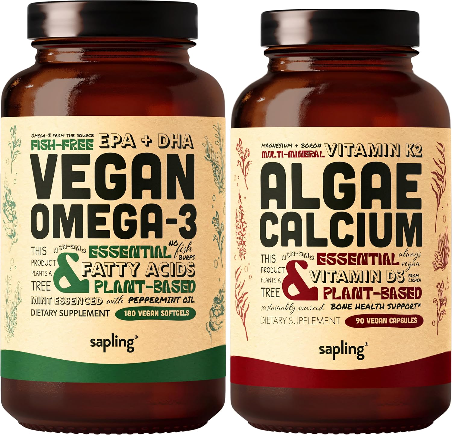 Plant Based Omega 3 & Calcium Bundle - Vegan Softgels with DHA, EPA, Red Algae Calcium, Vitamin K2, D3, Magnesium, Zinc, Boron