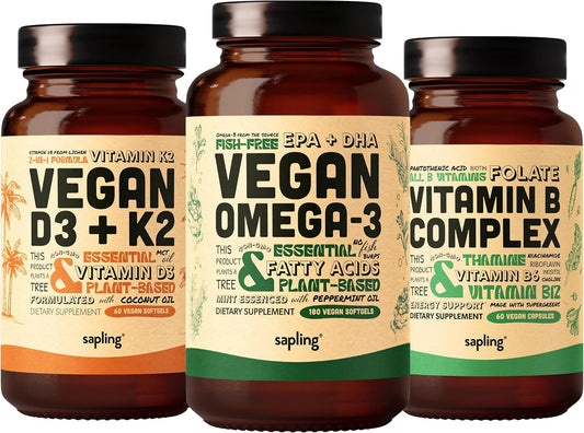Plant Based Omega 3, D3, K2, and B Complex Bundle - Vegan Fatty Acids and Essential Vitamins