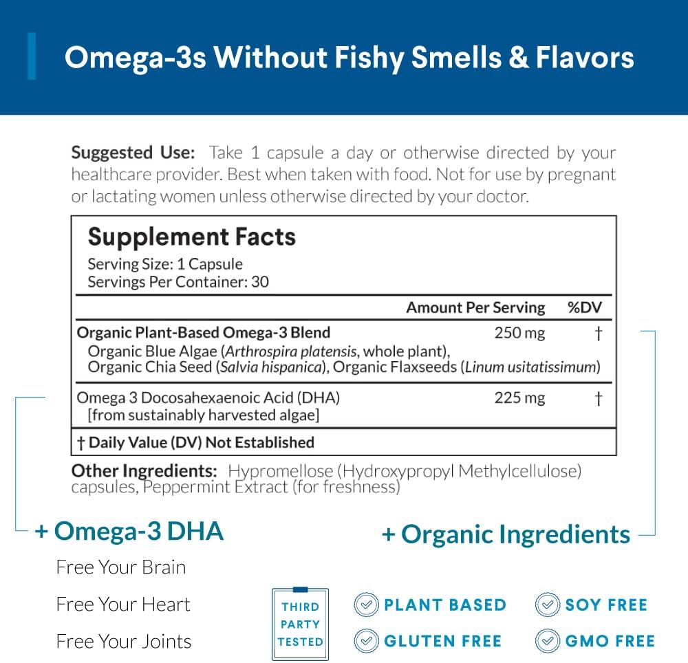 Plant-Based Omega-3 DHA Supplement with Organic Algae, Chia, and Flax Seed - Doctor's Choice, Third Party Tested, 30 Capsules, 1 Month Supply