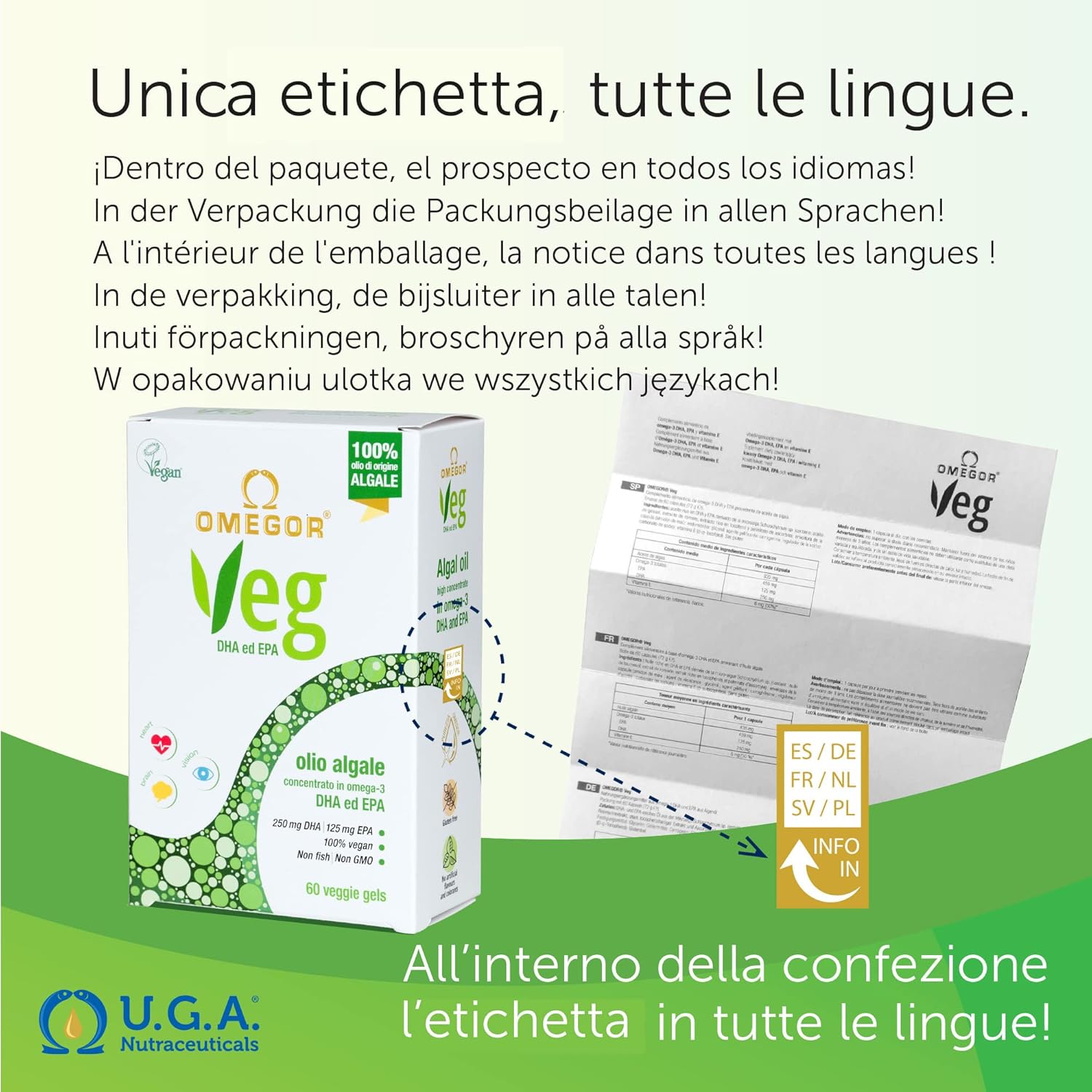 Plant-Based Omega-3 Supplement with Algal Oil, Vitamin E - 60 Capsules, 250mg DHA, 125mg EPA - Vegan Society Certified