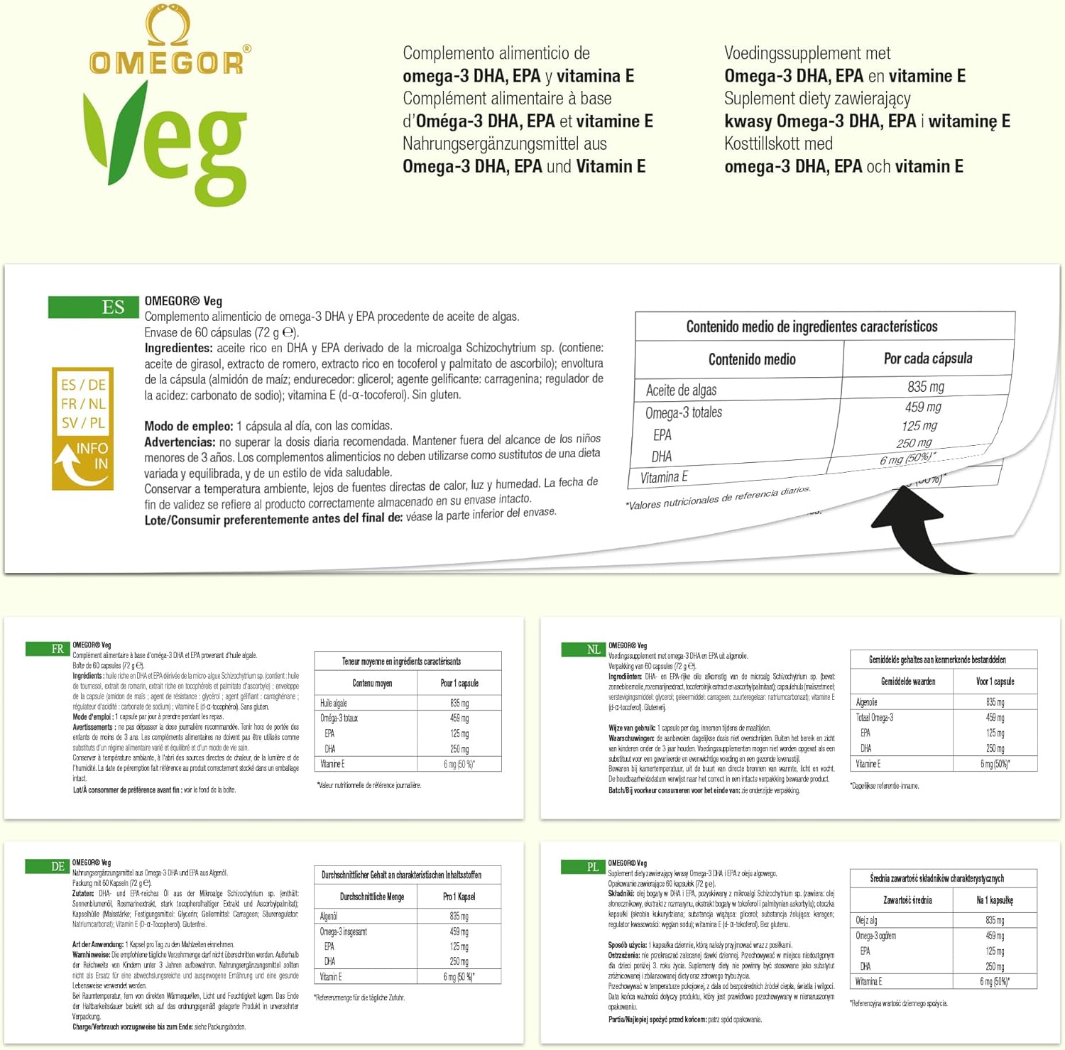 Plant-Based Omega-3 Supplement with Algal Oil, Vitamin E - 60 Capsules, 250mg DHA, 125mg EPA - Vegan Society Certified