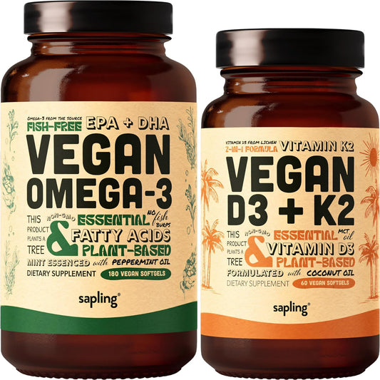 Plant-Based Omega 3 & Vitamin D3 + K2 Bundle - 180 Softgels, Vegan Fatty Acids, 4000 IU D3, 100mcg K2 Mk7 - Tapioca Softgels