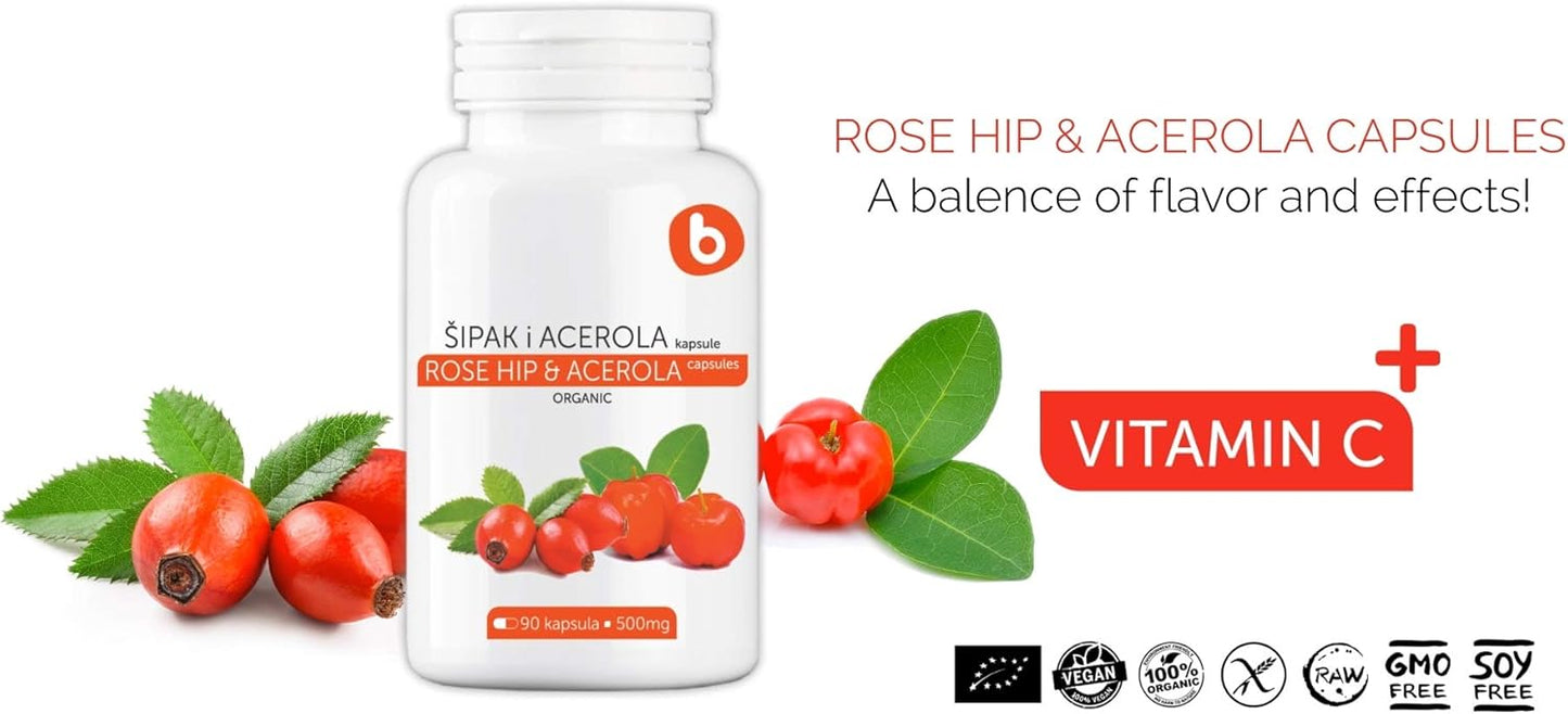 Plant-Based Organic Rose HIPS & Acerola Vitamin C Capsules - Immune Support with Collagen Boost - Non-GMO, Gluten-Free - 1000mg, 90 Vegan Capsules