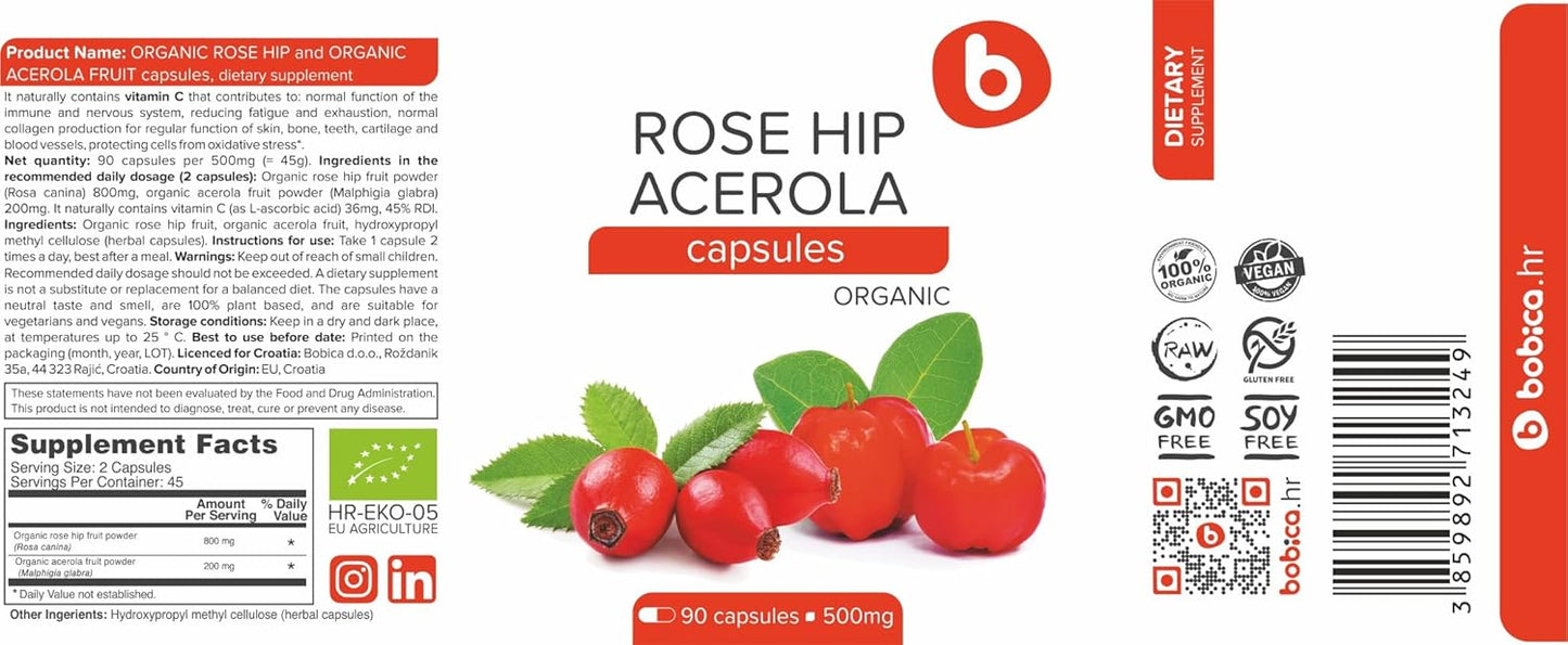 Plant-Based Organic Rose HIPS & Acerola Vitamin C Capsules - Immune Support with Collagen Boost - Non-GMO, Gluten-Free - 1000mg, 90 Vegan Capsules