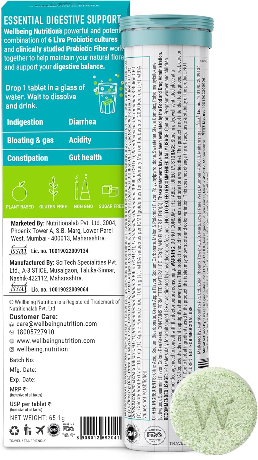 Plant Based Probiotic + Prebiotic Tabs for Digestion & Gut Health - 18 Billion CFU, 6 Strains - 42 Effervescent Tablets