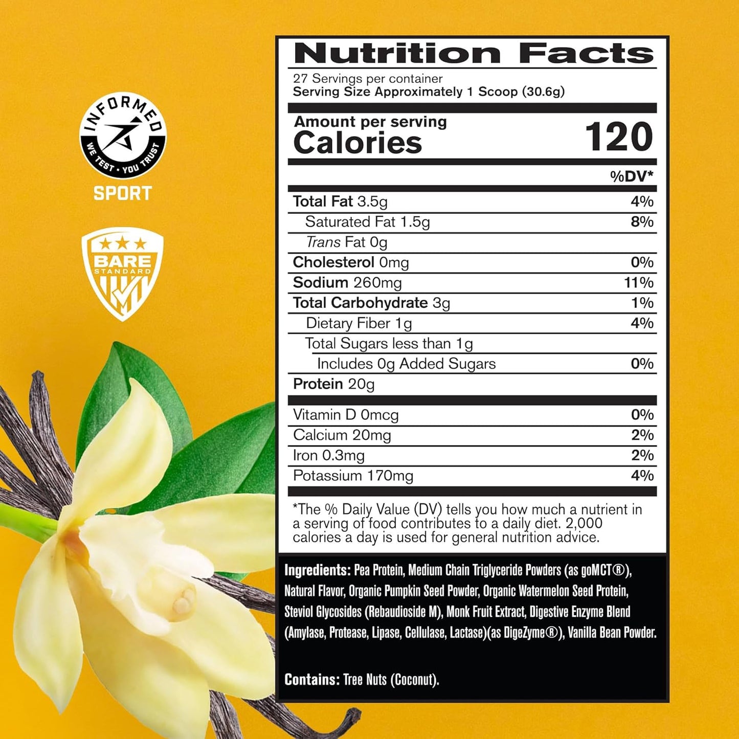 Plant-Based Protein Blend: Pea, Watermelon, and Pumpkin Protein, Vegan, Naturally Sweetened Vanilla Flavor by BARE Performance Nutrition