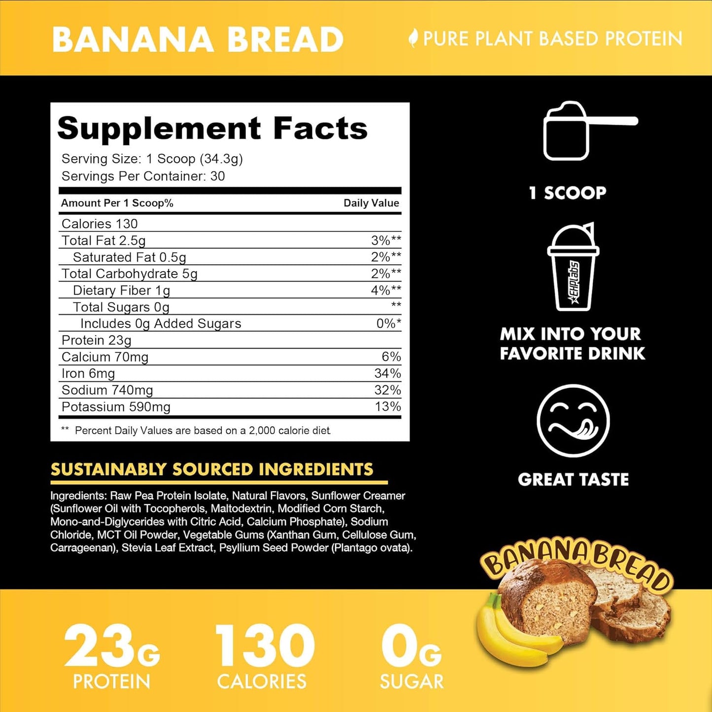 Plant Based Protein Powder Meal Replacement Shake - Vegan Protein Powder with 23g of Pea Protein, Dairy/Gluten/Soy Free, No Added Sugar - 30 Servings (Banana Bread)