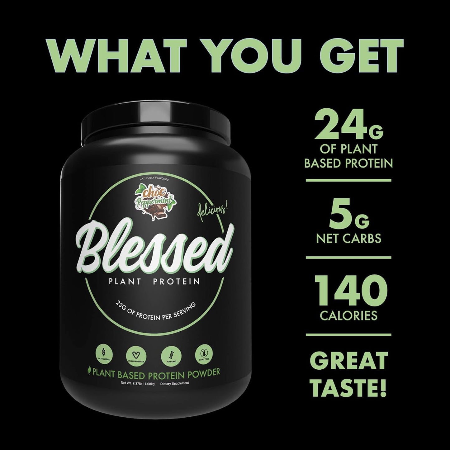 Plant Based Protein Shake Meal Replacement Powder - 23g of Pea Protein - Dairy & Gluten Free - No Added Sugar - Choc Peppermint Flavor - 30 Servings