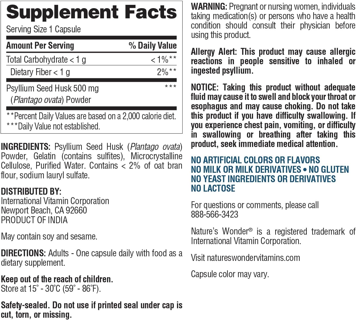 Plant-Based Psyllium Husk Capsules 500 mg for Digestive Health - 200 Count