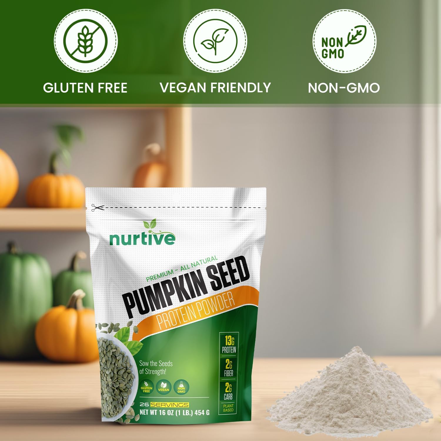 Plant-Based Pumpkin Seed Protein Powder with Essential Nutrients, Fiber & Amino Acids - Gluten Free, Non-GMO - Ideal for Smoothies, Baking, and Cooking - 26 Servings (16 oz)