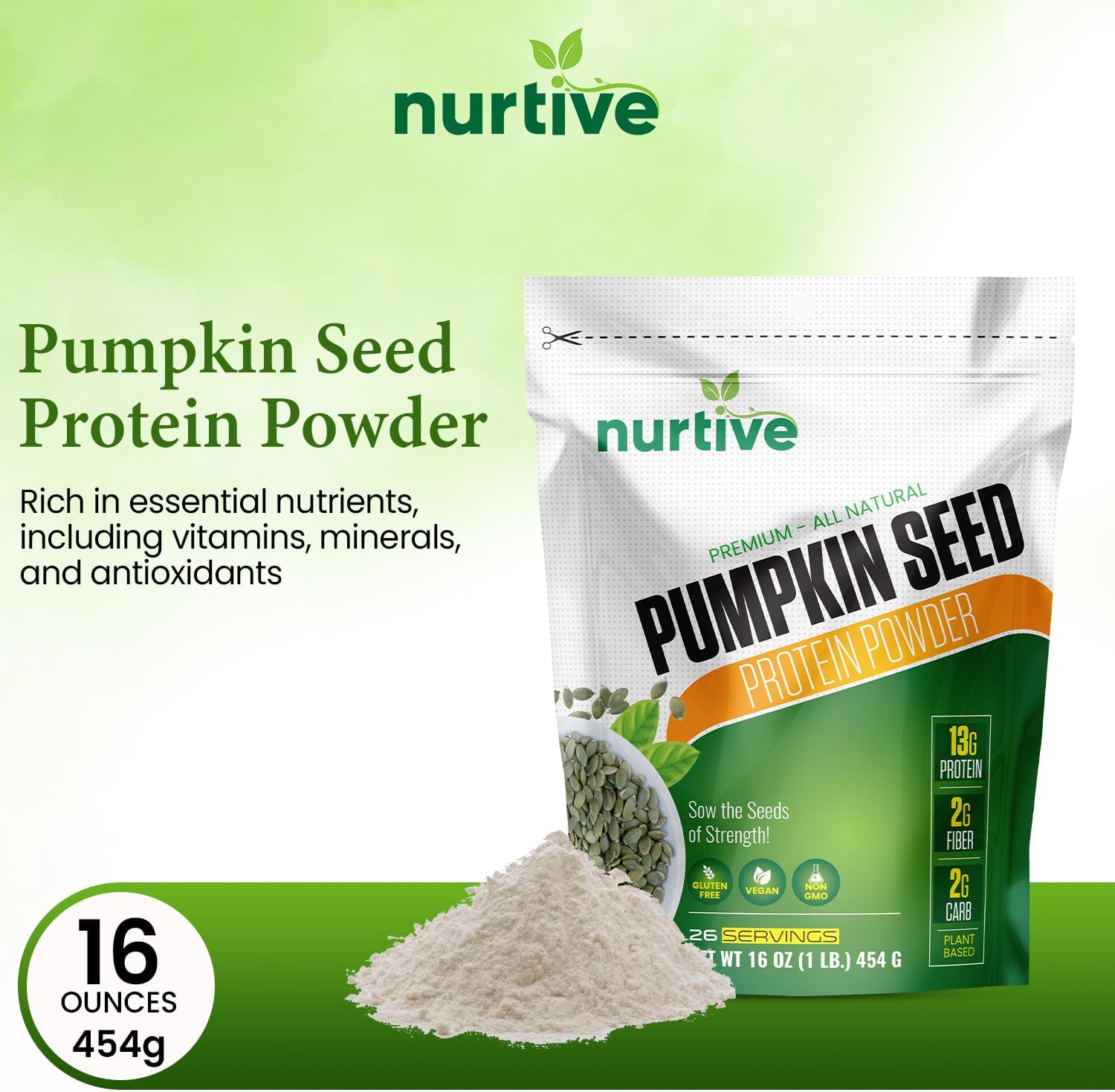 Plant-Based Pumpkin Seed Protein Powder with Essential Nutrients, Fiber & Amino Acids - Gluten Free, Non-GMO - Ideal for Smoothies, Baking, and Cooking - 26 Servings (16 oz)