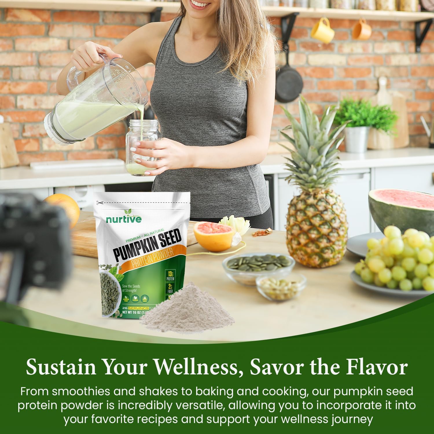 Plant-Based Pumpkin Seed Protein Powder with Essential Nutrients, Fiber & Amino Acids - Gluten Free, Non-GMO - Ideal for Smoothies, Baking, and Cooking - 26 Servings (16 oz)