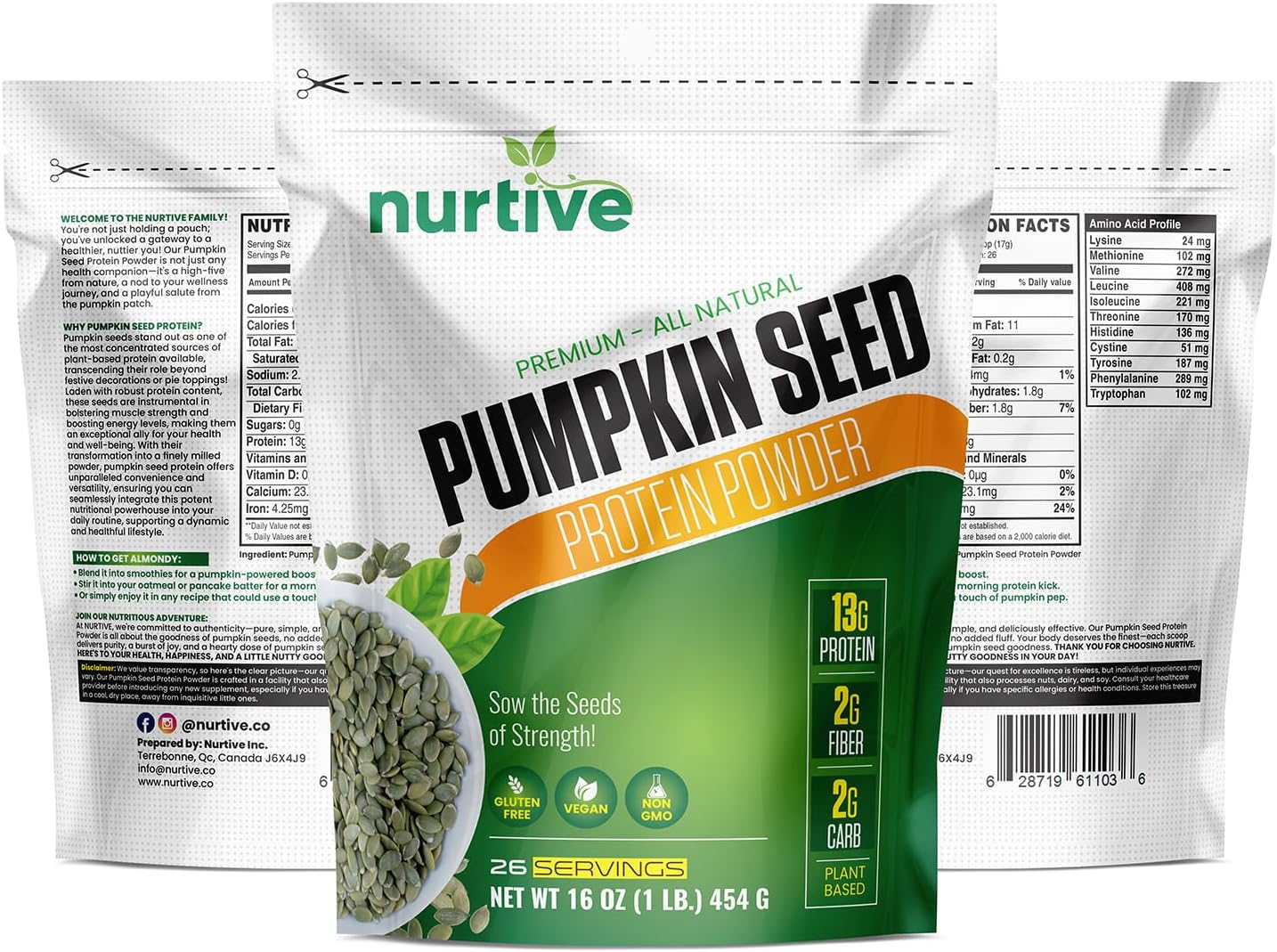 Plant-Based Pumpkin Seed Protein Powder with Essential Nutrients, Fiber & Amino Acids - Gluten Free, Non-GMO - Ideal for Smoothies, Baking, and Cooking - 26 Servings (16 oz)