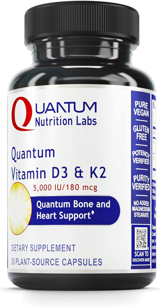 Plant-Based Quantum Vitamin D3 & K2 Capsules for Bone and Cardiovascular Health - Vegan Formula for Calcium Metabolism, Blood Circulation, and Bone Strength - 30 Count