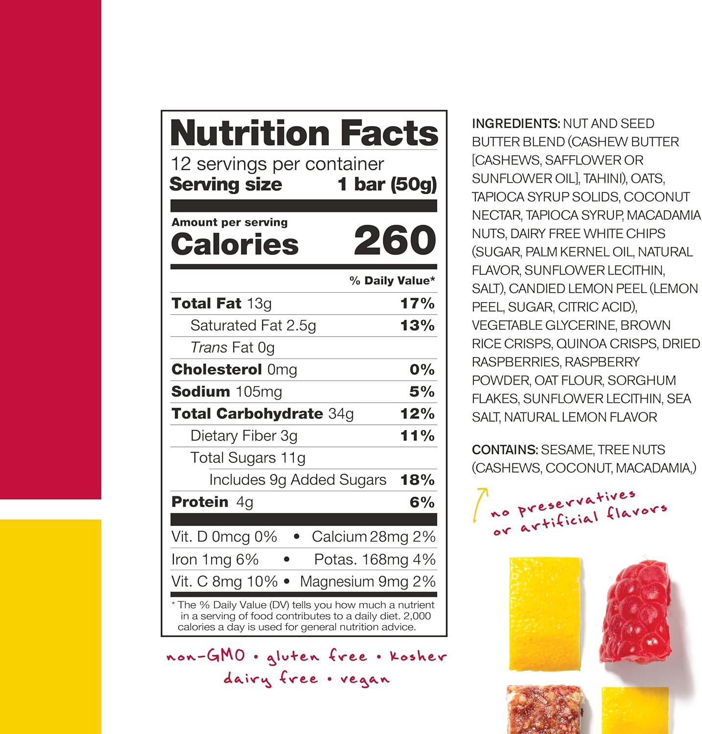 Plant-Based SKRATCH LABS Energy Bars - Raspberry Lemon Flavor (12 Pack) | Low Sugar, High Protein, Non-GMO, Gluten-Free, Soy-Free, Vegan, Kosher Snack