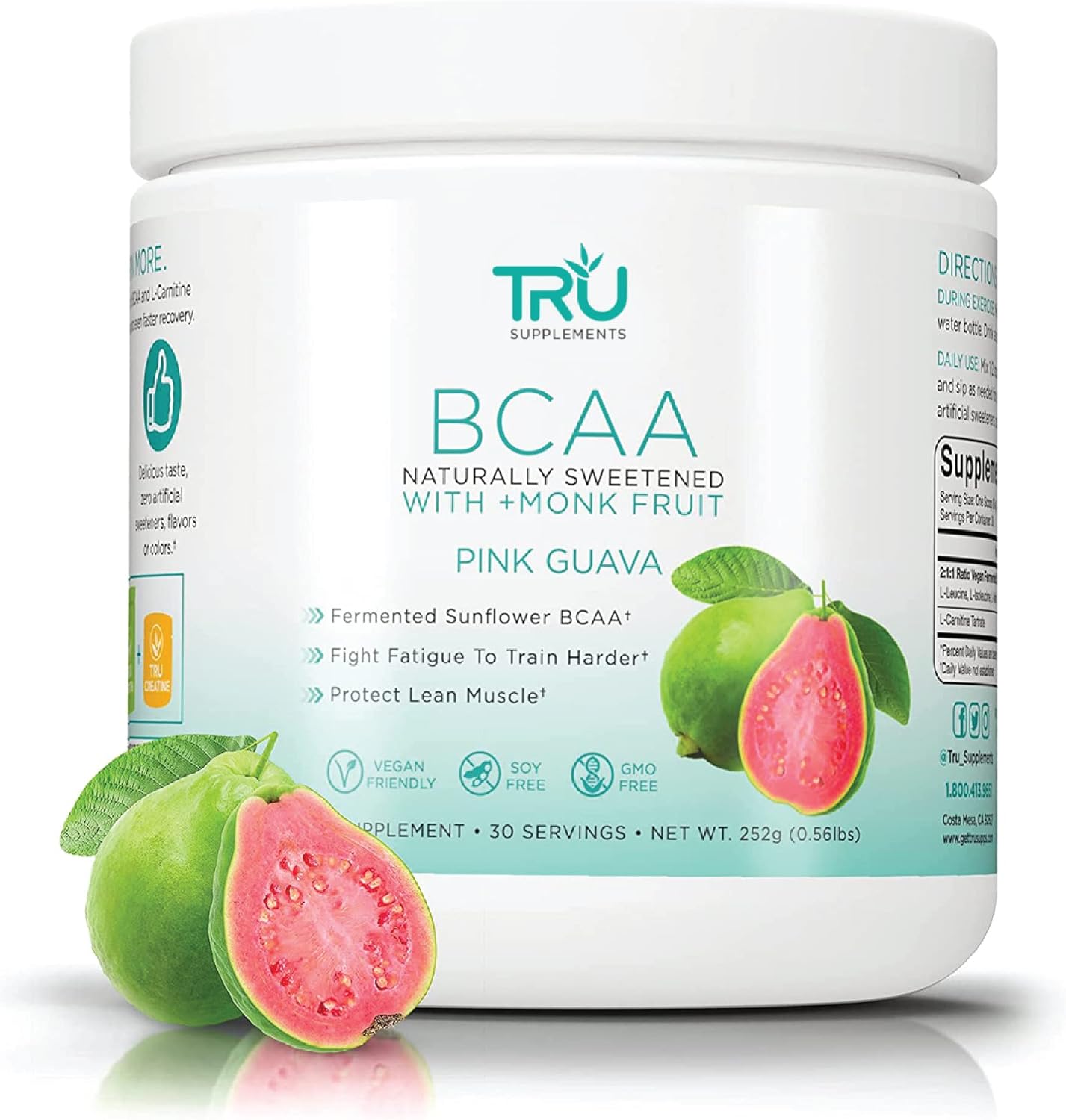 Plant-Based TRU BCAA Powder with Pink Guava Flavor - Vegan Friendly, Zero Calories, No Artificial Ingredients - 30 Servings