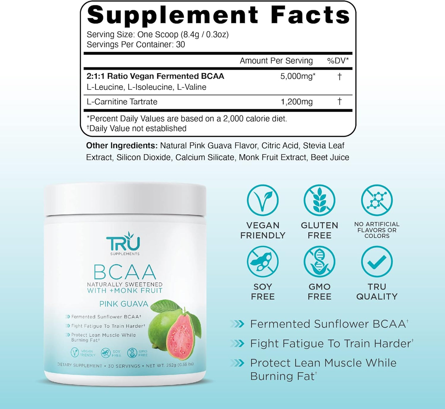 Plant-Based TRU BCAA Powder with Pink Guava Flavor - Vegan Friendly, Zero Calories, No Artificial Ingredients - 30 Servings