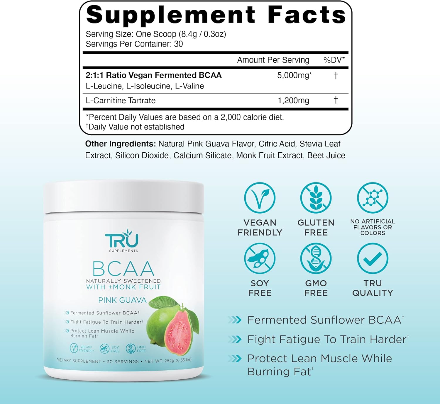 Plant-Based TRU BCAA Powder with Pink Guava Flavor - Vegan Friendly, Zero Calories, No Artificial Ingredients - 30 Servings