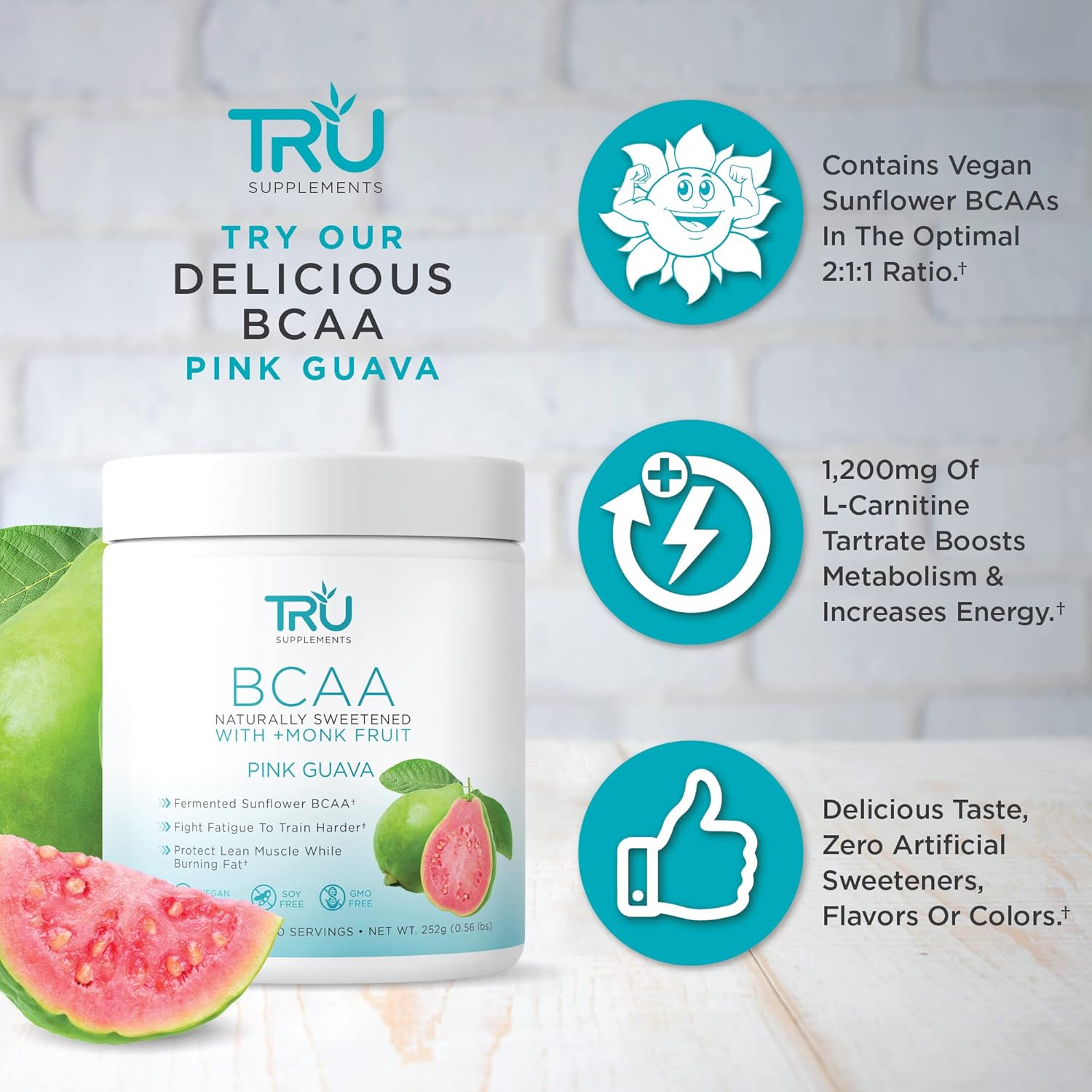 Plant-Based TRU BCAA Powder with Zero Calories, Vegan-Friendly, Pink Guava Flavor (30 Servings)