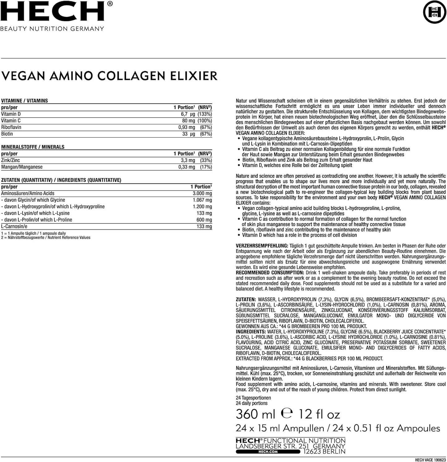 Plant-Based Vegan Amino Collagen Elixir with Vitamin C, D, Biotin, and Zinc - 24 Ampoules for Collagen Formation