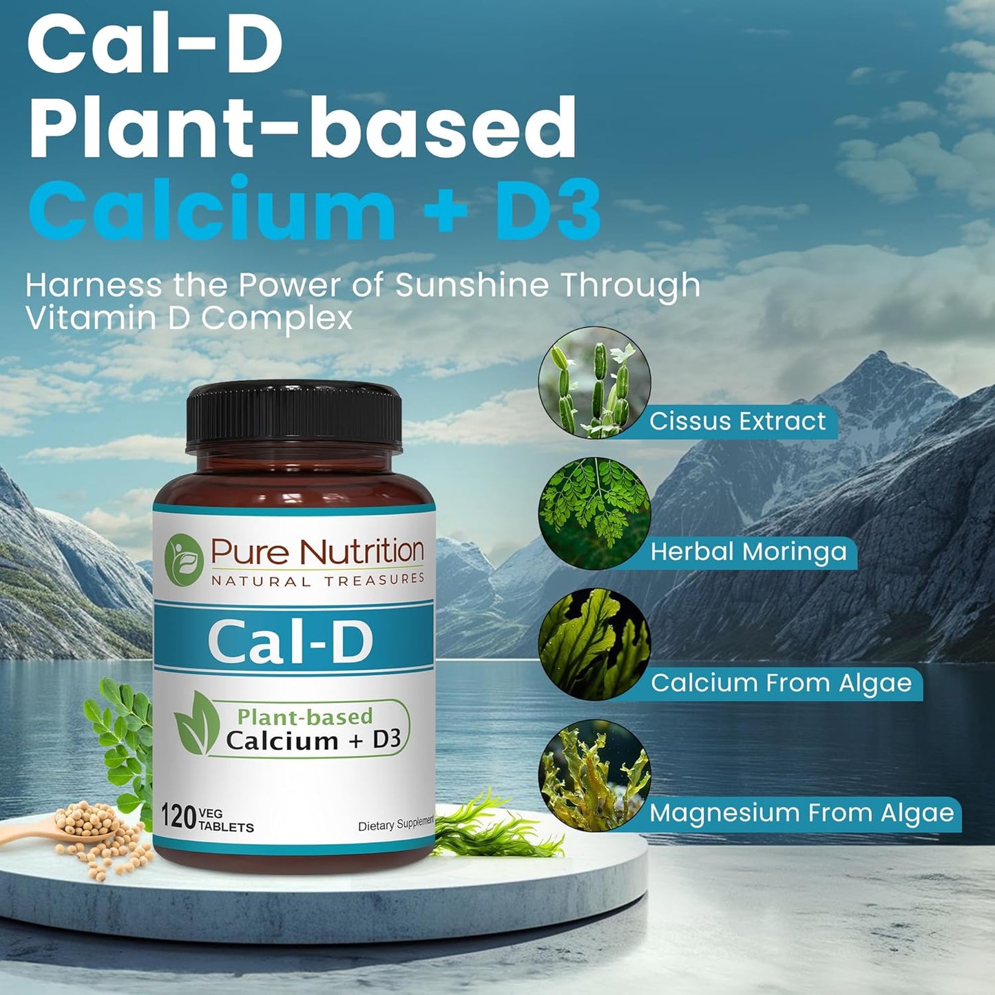 Plant-Based Vegan Calcium Supplement with Vitamin D3, K2, and Magnesium - 120 Tabs of Algae Calcium for Strong Bones and Immune Support