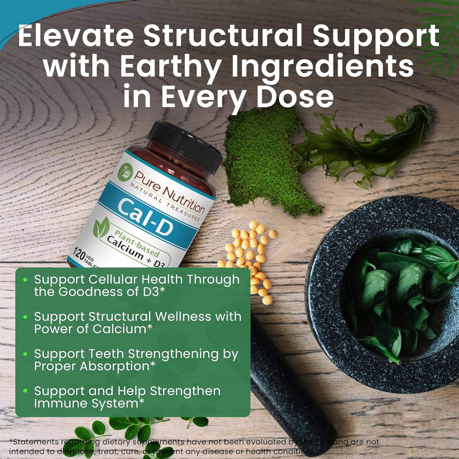 Plant-Based Vegan Calcium Supplement with Vitamin D3, K2, and Magnesium - 120 Tabs of Algae Calcium for Strong Bones and Immune Support