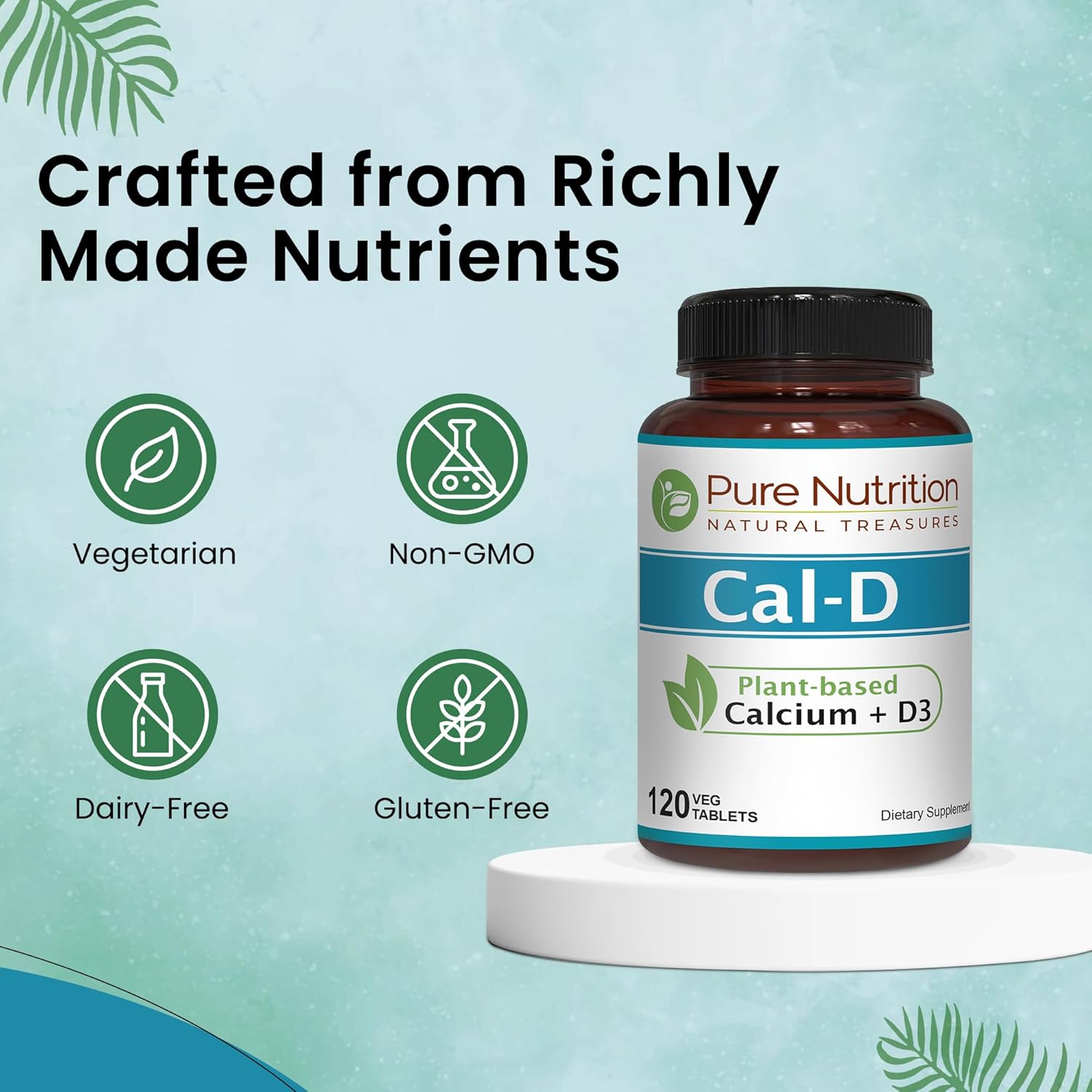 Plant-Based Vegan Calcium Supplement with Vitamin D3, K2, and Magnesium - 120 Tabs of Algae Calcium for Strong Bones and Immune Support