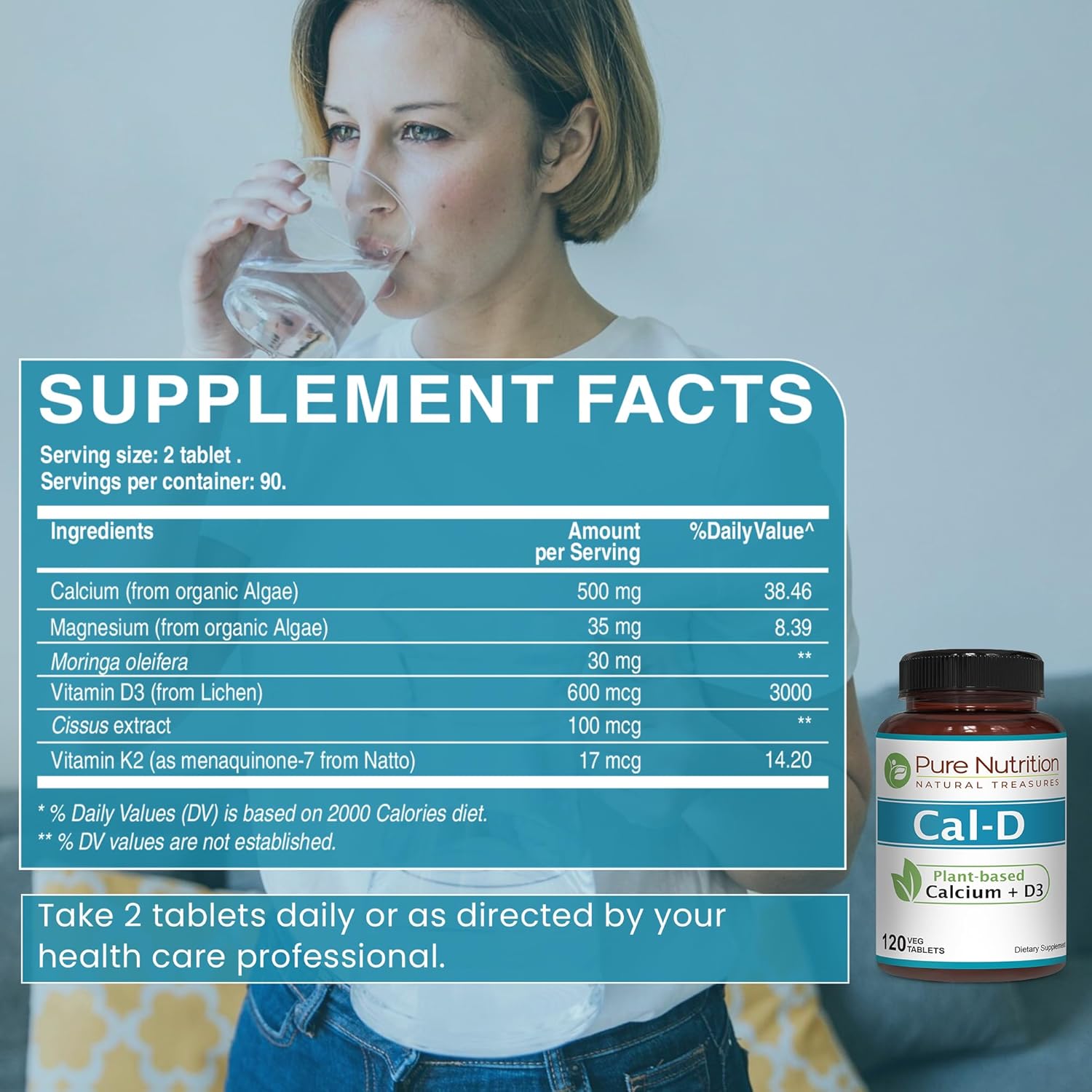 Plant-Based Vegan Calcium Supplement with Vitamin D3, K2, and Magnesium - 120 Tabs of Algae Calcium for Strong Bones and Immune Support