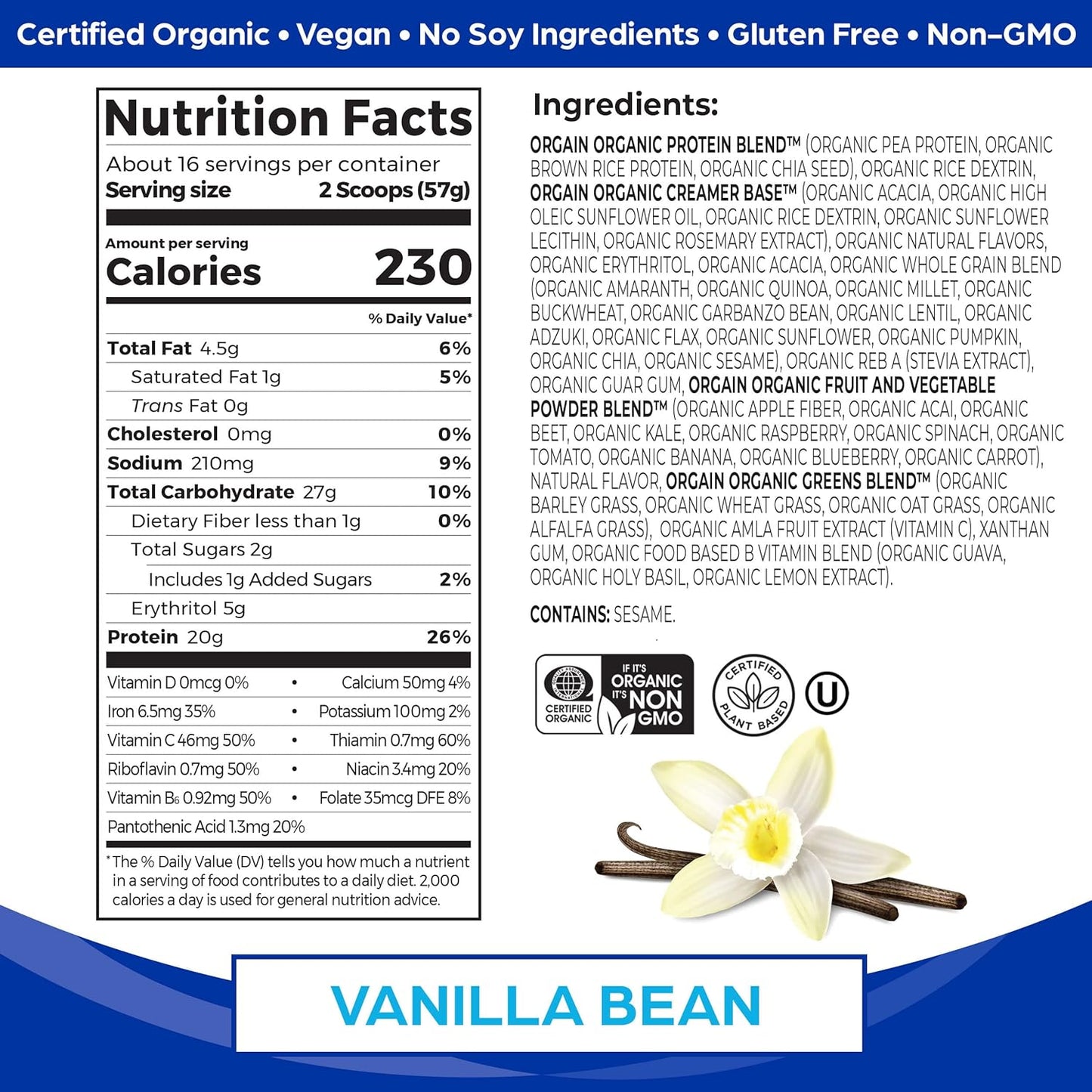 Plant-Based Vegan Meal Replacement Protein Powder with Vanilla Bean Flavor - 20g Protein, 6g Fiber, Fruits, Veggies, Greens - Gluten-Free, 2.01lb