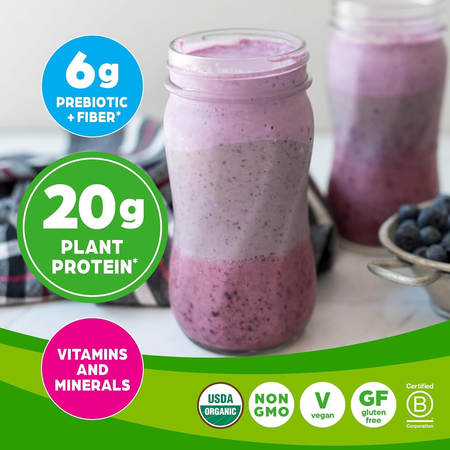 Plant-Based Vegan Meal Replacement Protein Powder with Vanilla Bean Flavor - 20g Protein, 6g Fiber, Fruits, Veggies, Greens - Gluten-Free, 2.01lb