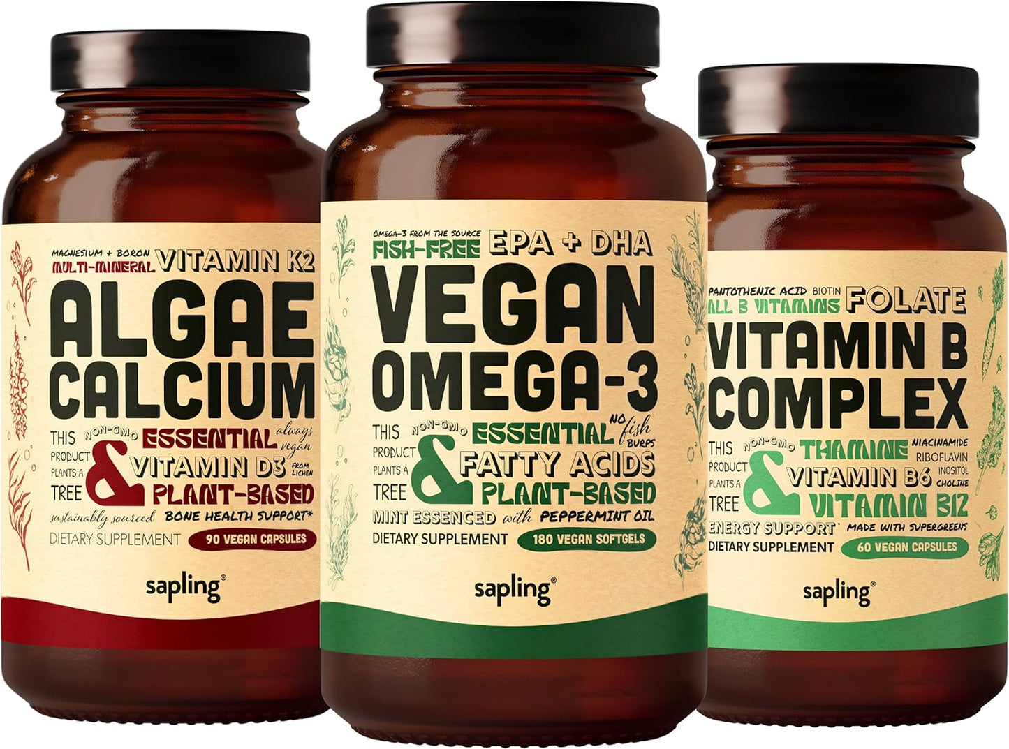 Plant-Based Vegan Omega 3 Softgels, Algae Calcium, and Vitamin B Complex Bundle - DHA & EPA, Red Algae Calcium Supplement, Essential B Vitamins