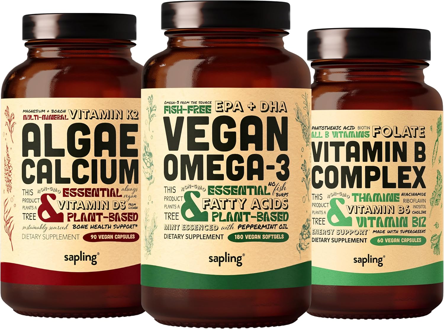 Plant-Based Vegan Omega 3 Softgels, Algae Calcium, and Vitamin B Complex Bundle - DHA & EPA, Red Algae Calcium Supplement, Essential B Vitamins