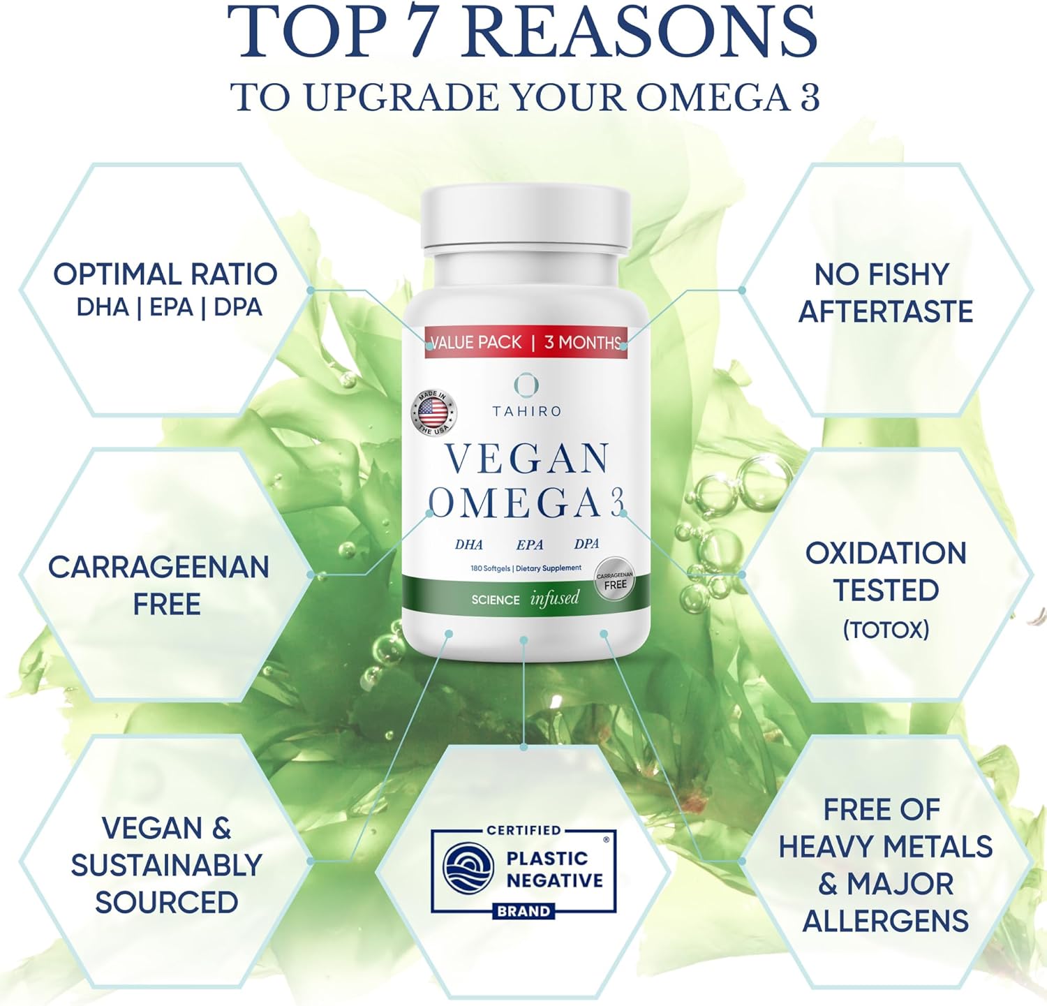 Plant-Based Vegan Omega-3 Softgels with DPA, DHA, EPA - Brain & Joint Support for Men, Women, Pregnant Women - Prenatal Supplement 1000mg