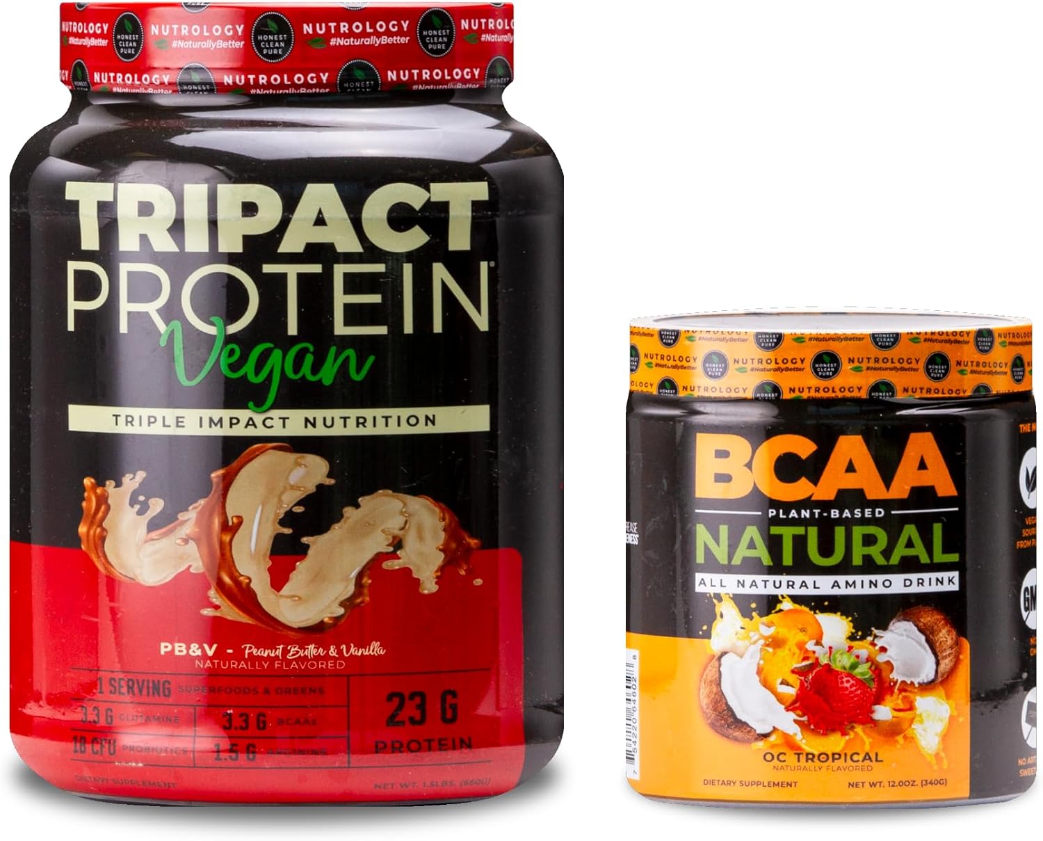 Plant Based Vegan Protein Powder Bundle: Peanut Butter Vanilla & Orange Coconut BCAA Powders (50 Servings) by Nutrology