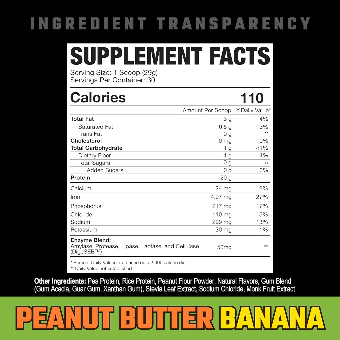 Plant-Based Vegan Protein Powder with 20g Protein, Peanut Butter Banana Flavor, Naturally Sweetened - 30 Servings