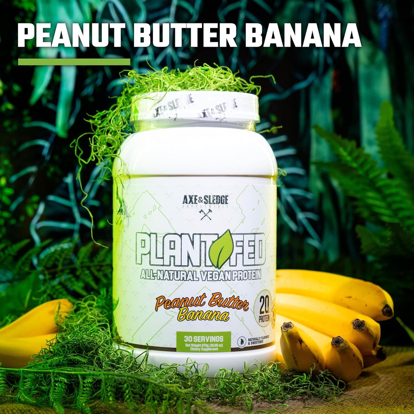 Plant-Based Vegan Protein Powder with 20g Protein, Peanut Butter Banana Flavor, Naturally Sweetened - 30 Servings