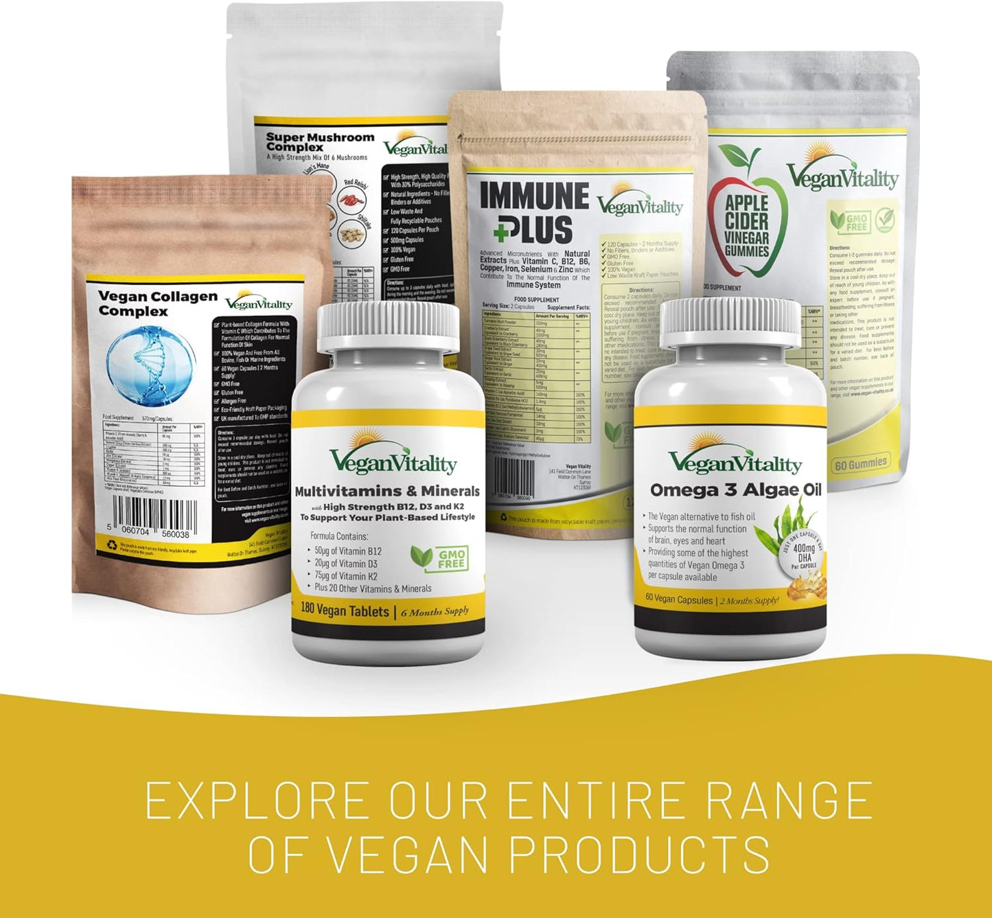 Plant-Based Vegan Superfood Supplement Bundle - Multivitamins, Collagen, Super Mushroom Complex - High Strength Formula for Vegans and Vegetarians