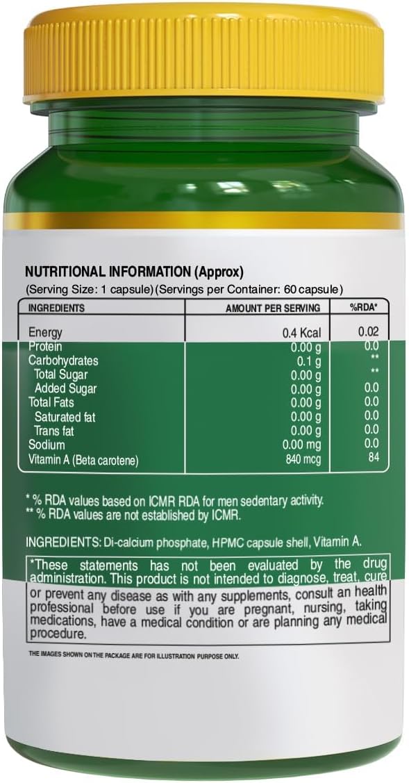 Plant-Based Vitamin A Supplement from Beta Carotene - 60 Vegetarian Capsules for Eye Health & Aging Support, Natural Ingredients for Men & Women