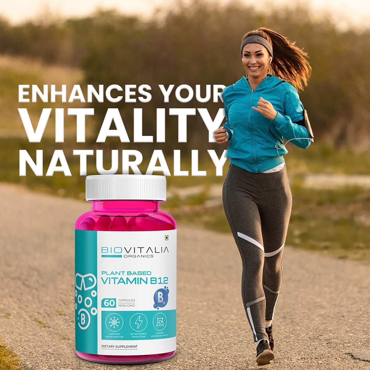 Plant-Based Vitamin B12 Capsules for Nerve Function & Metabolism - Biovitalia Organics Methyl Cobalamin Supplement with Wheat Grass, Spirulina, and Beetroot - 60 Vegan Capsules