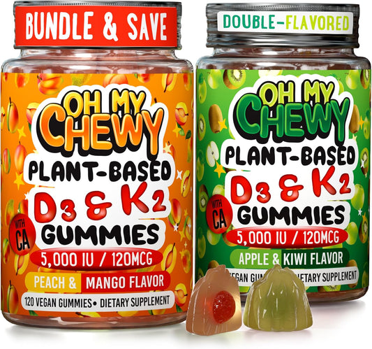 Plant-Based Vitamin D3 and K2 Gummies for Kids and Adults - 5000 IU Vitamin D, 120 mcg K2, 120mg Calcium - 120 Gummies - Peach, Mango, Apple, Kiwi - Chewy Gummies