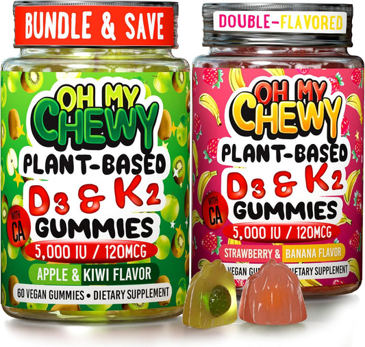Plant-Based Vitamin D3 and K2 Gummies with Calcium for Kids and Adults - 5000 IU D3, 120 mcg K2, 120mg Calcium - 60 Gummies - Apple, Kiwi, Strawberry, Banana