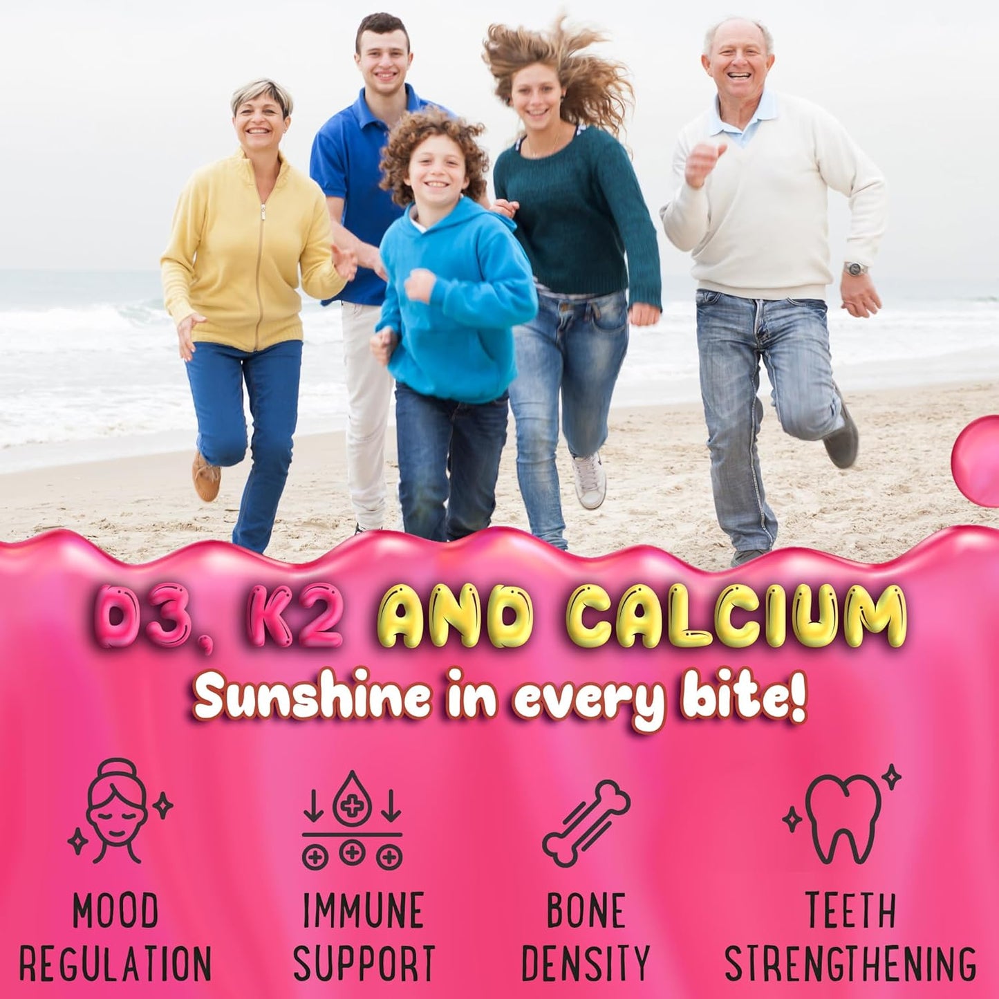 Plant-Based Vitamin D3 and K2 Gummies with Calcium for Kids and Adults - 5000 IU D3, 120 mcg K2, 120mg Calcium - 60 Gummies - Apple, Kiwi, Strawberry, Banana