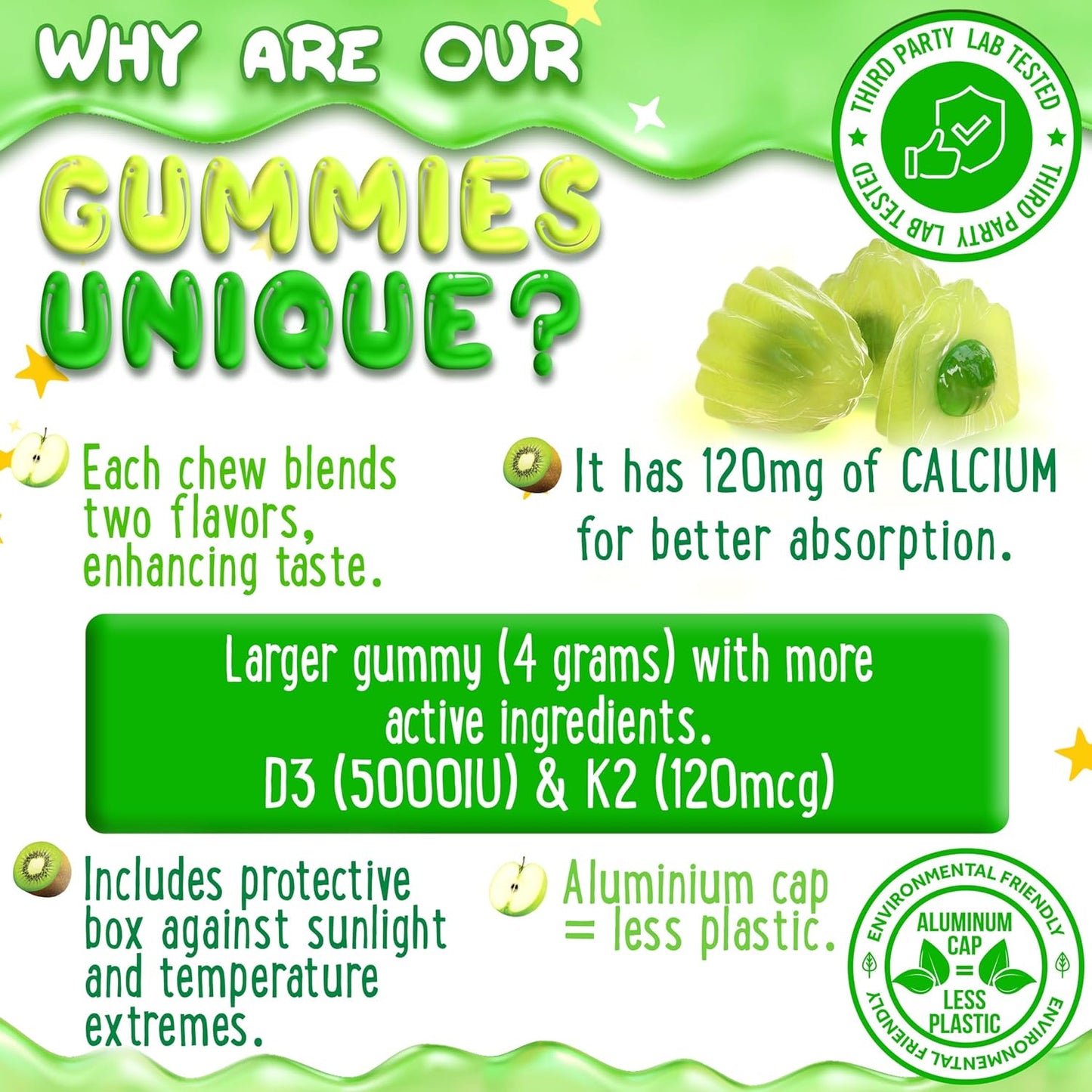 Plant-Based Vitamin D3 and K2 Gummies with Calcium for Kids and Adults - 5000 IU D3, 120 mcg K2, 120mg Calcium - 60 Gummies - Apple, Kiwi, Strawberry, Banana