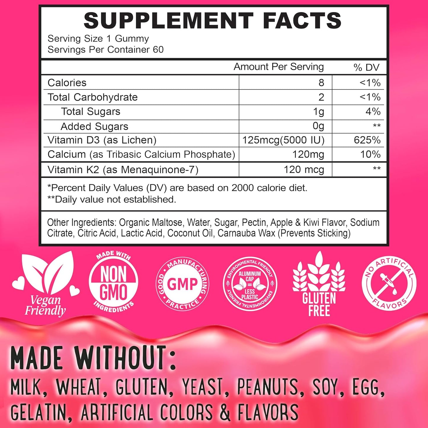 Plant-Based Vitamin D3 and K2 Gummies with Calcium for Kids and Adults - 5000 IU D3, 120 mcg K2, 120mg Calcium - 60 Gummies - Apple, Kiwi, Strawberry, Banana