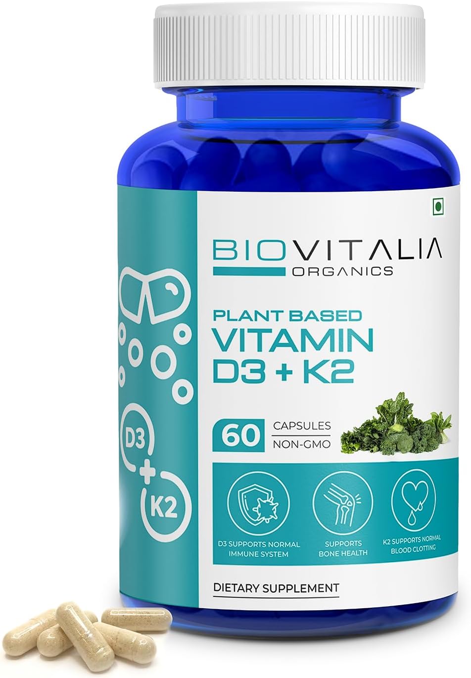 Plant-Based Vitamin D3 + K2 Capsules for Immune & Bone Health - 60 Vegan Capsules