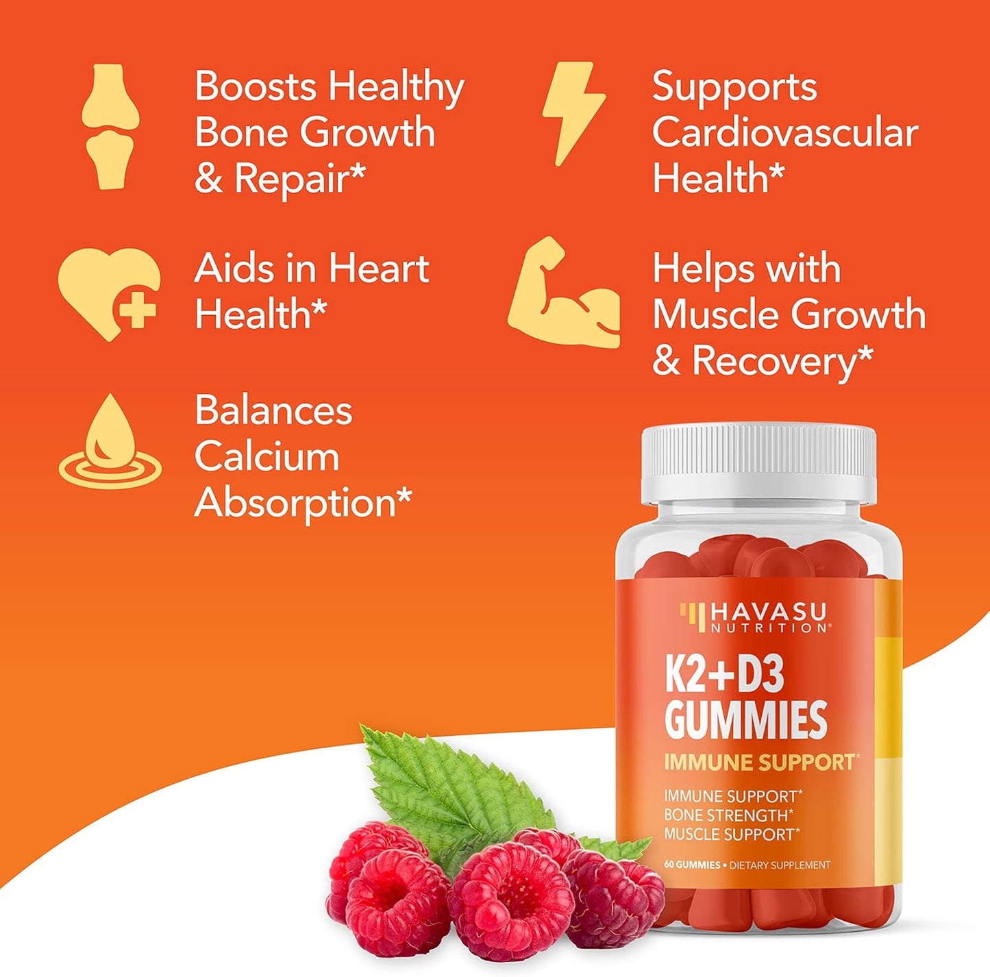 Plant-Based Vitamin D3 K2 Gummies for Bone & Muscle Support - 60 Vegan Raspberry Flavored Gummies