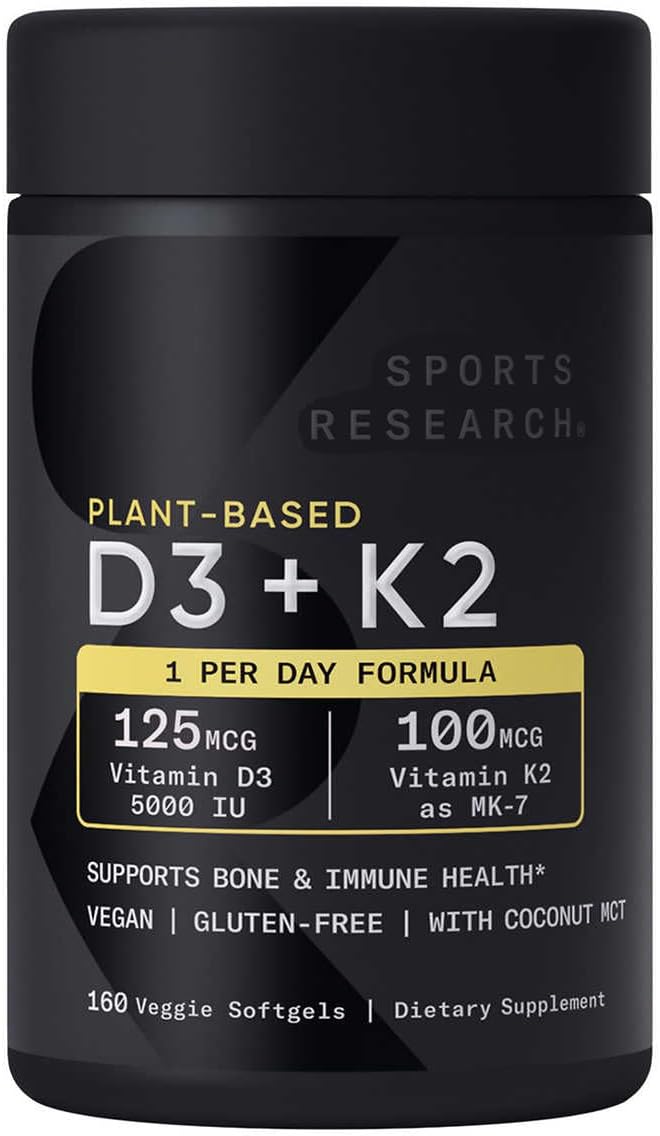 Plant-Based Vitamin D3 + K2 Supplement, 5-Month Vegan Supply, 5000iu D3 & 100mcg K2 with Coconut MCT Oil