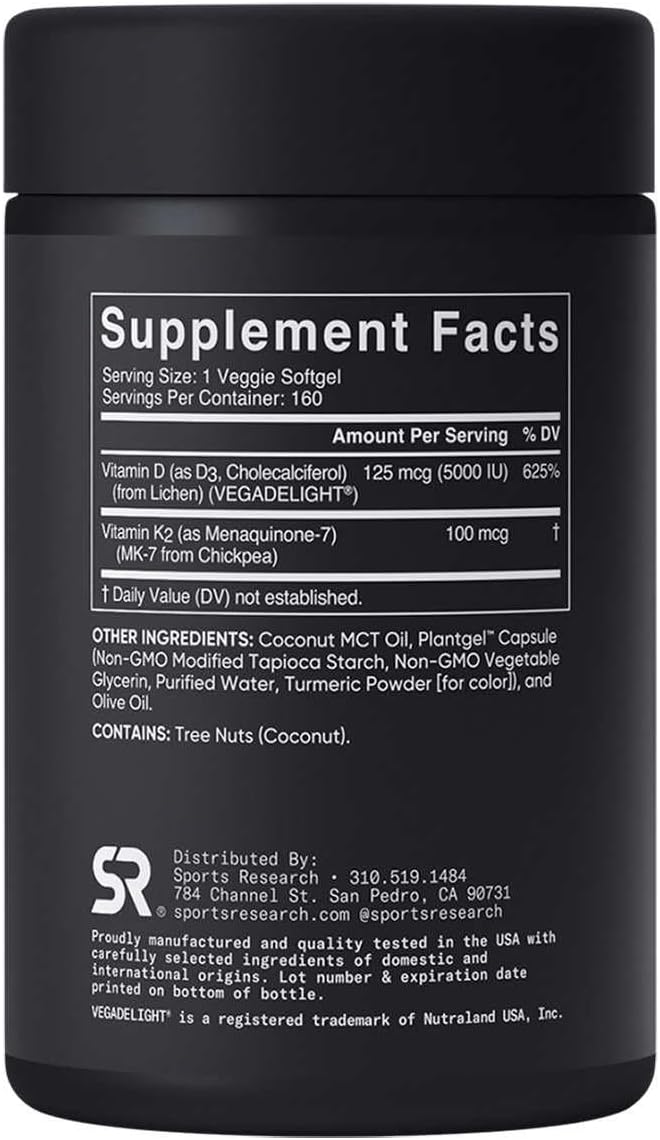 Plant-Based Vitamin D3 + K2 Supplement, 5-Month Vegan Supply, 5000iu D3 & 100mcg K2 with Coconut MCT Oil