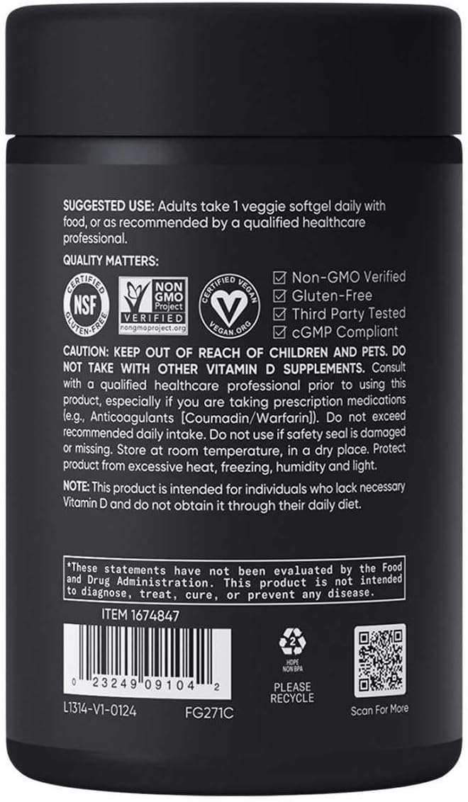 Plant-Based Vitamin D3 + K2 Supplement, 5-Month Vegan Supply, 5000iu D3 & 100mcg K2 with Coconut MCT Oil