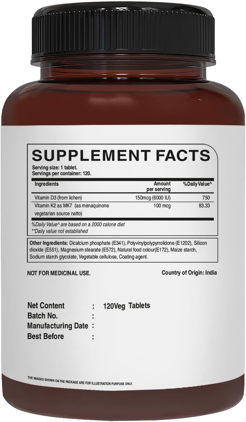 Plant-Based Vitamin D3 K2 Supplement | Pure Nutrition Vita D3 K2 | 120 Tablets | Vitamin D3 6000 IU | Vitamin K2 MK7 100mcg | Non-GMO